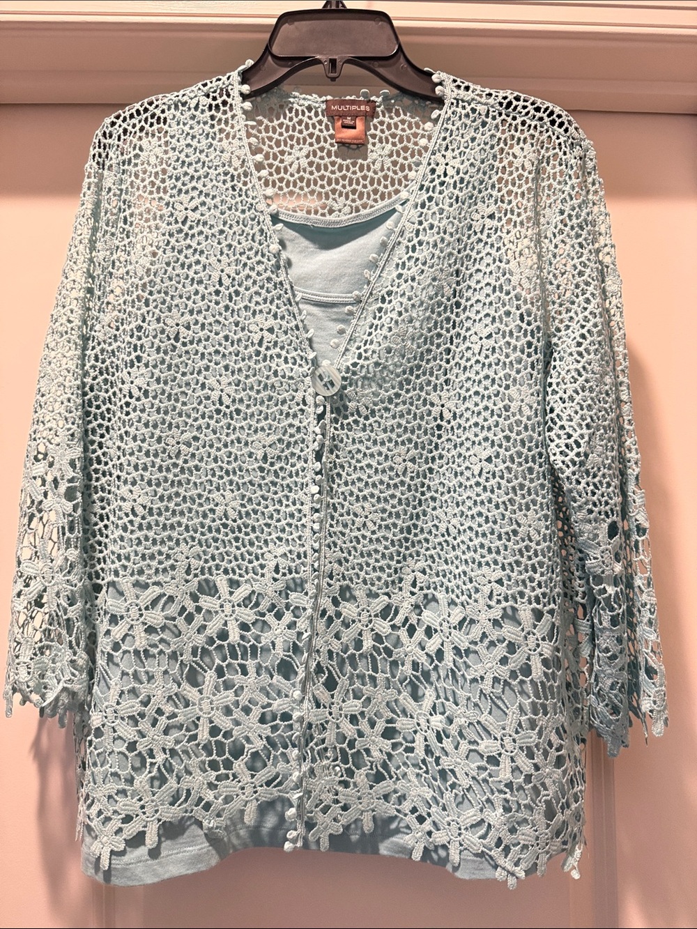 MULTIPLES Light Aqua Crochet Cardigan with Tank